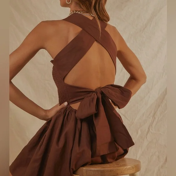 Peppermayo - Linen Mini Dress - Choc Brown - Picture 2 of 10